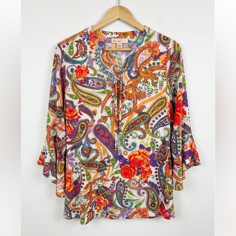 Harlow & Rose Bohemian V-Neck Button Down Paisley Blouse with 3/4Bell Sleeves